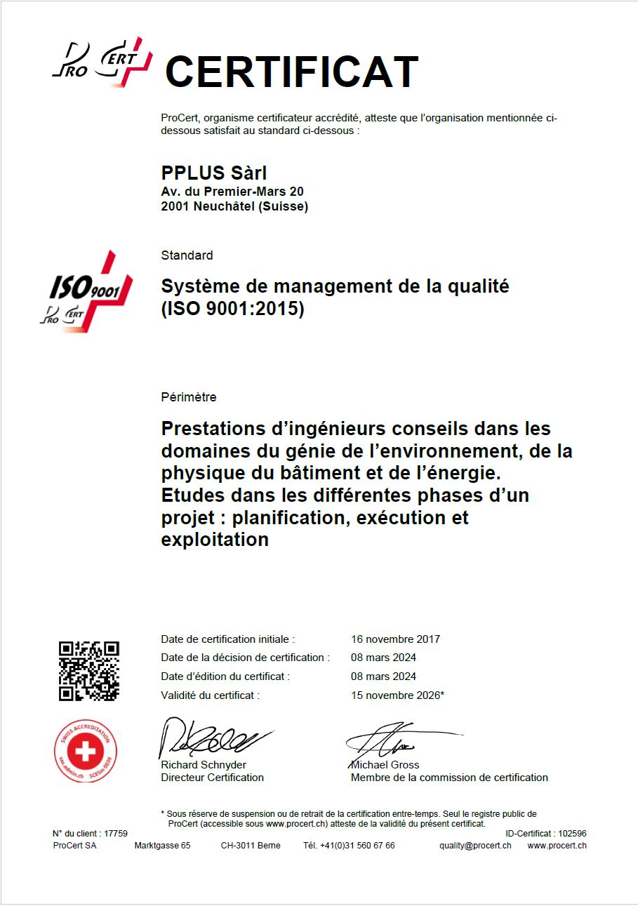 Certificat ISO 9001:2015 PPLUS Sàrl